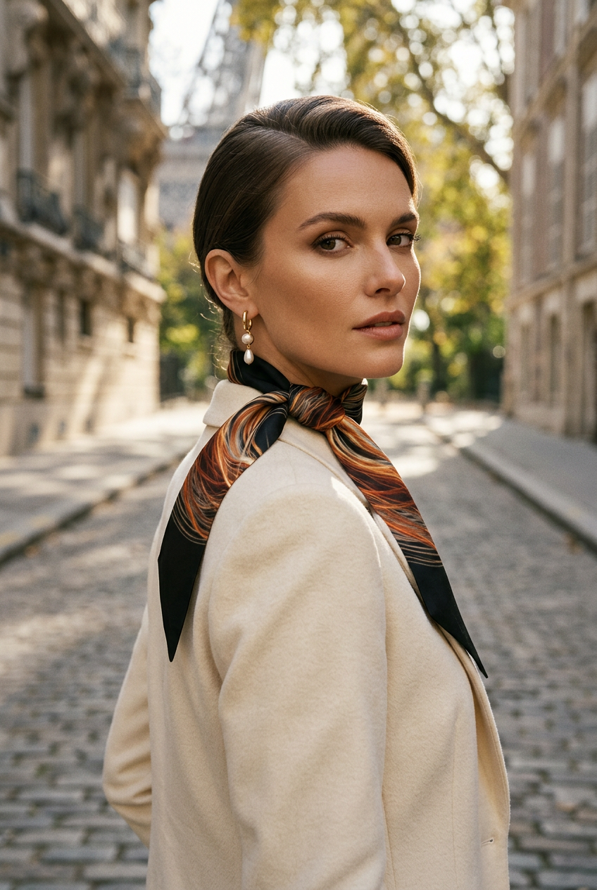 A woman wearing a cream-colored coat and a black silk scarf with a brown and orange abstract pattern, standing on a cobblestone street.