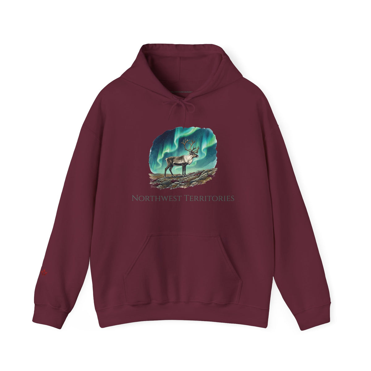 A maroon pullover hoodie with a graphic of a deer under the Northern Lights and the text 'NORTHWEST TERRITORIES' on the chest, displayed on a clean white background.