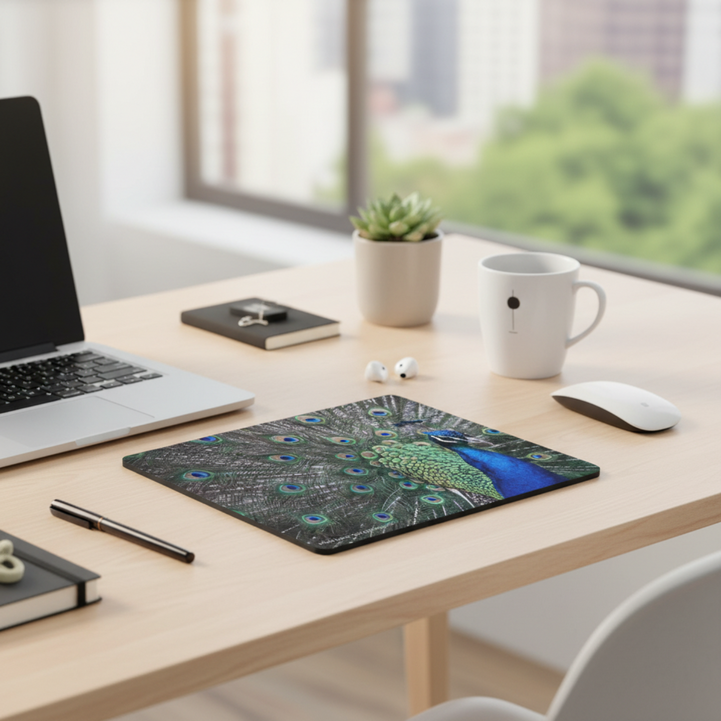 A rectangular desk mat featuring a vibrant peacock pattern, styled on a light wood desk next to a laptop, white mug, and other office accessories.