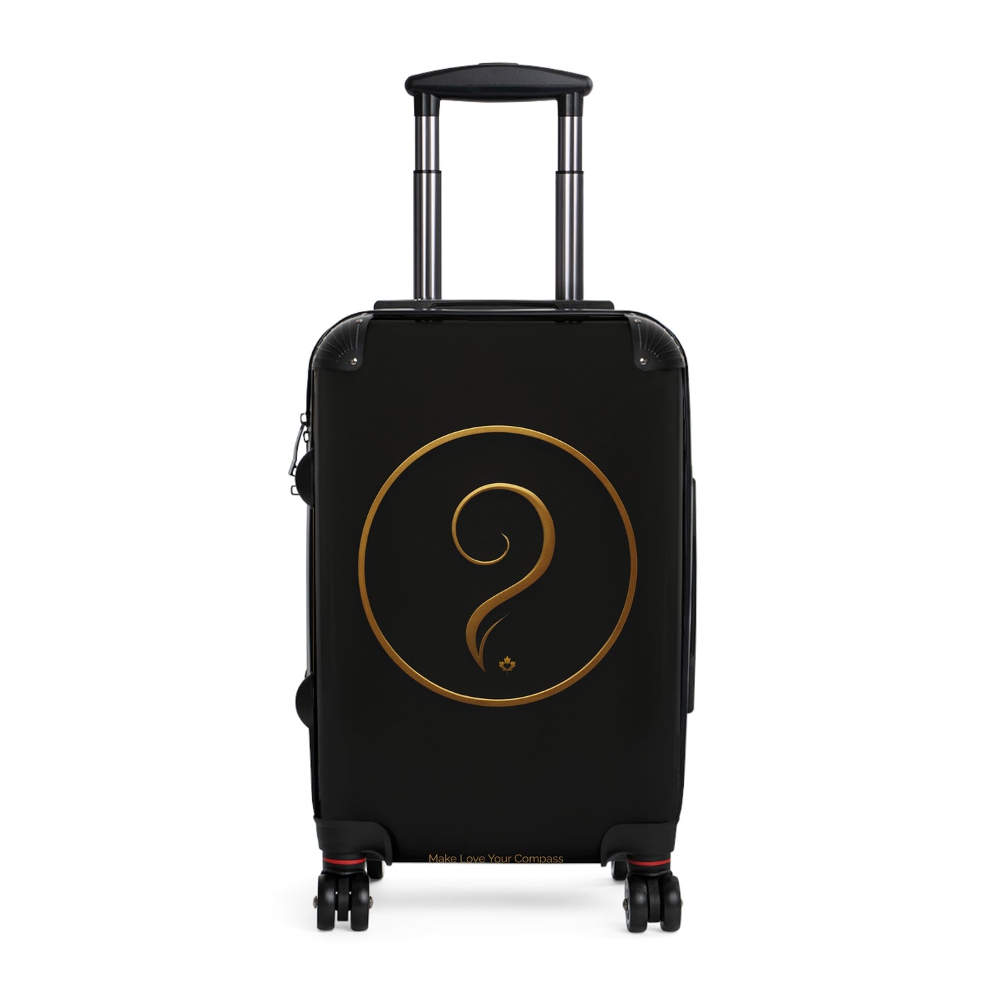 Black suitcase with a gold question mark symbol on a white background
