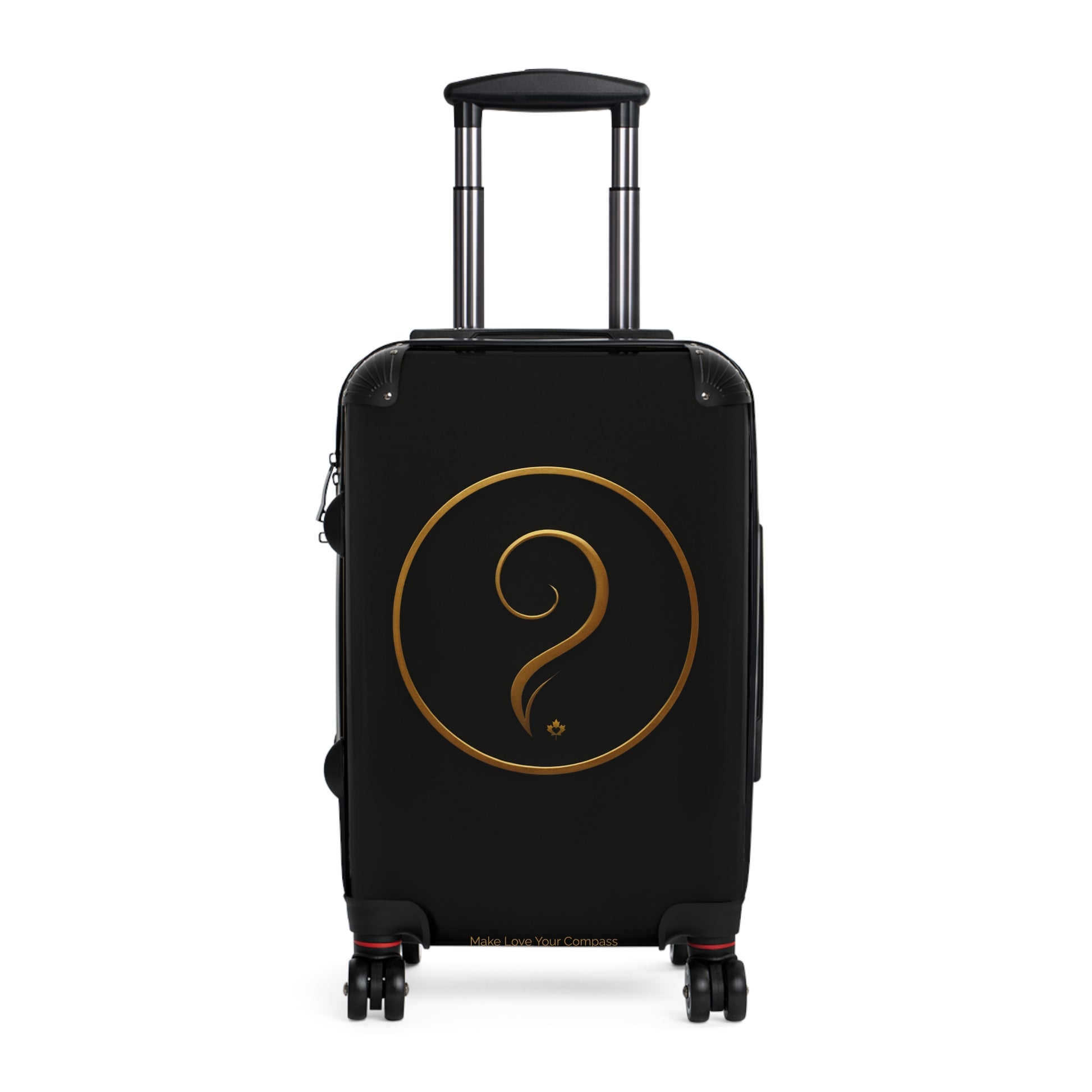 Black suitcase with a gold question mark symbol on a white background