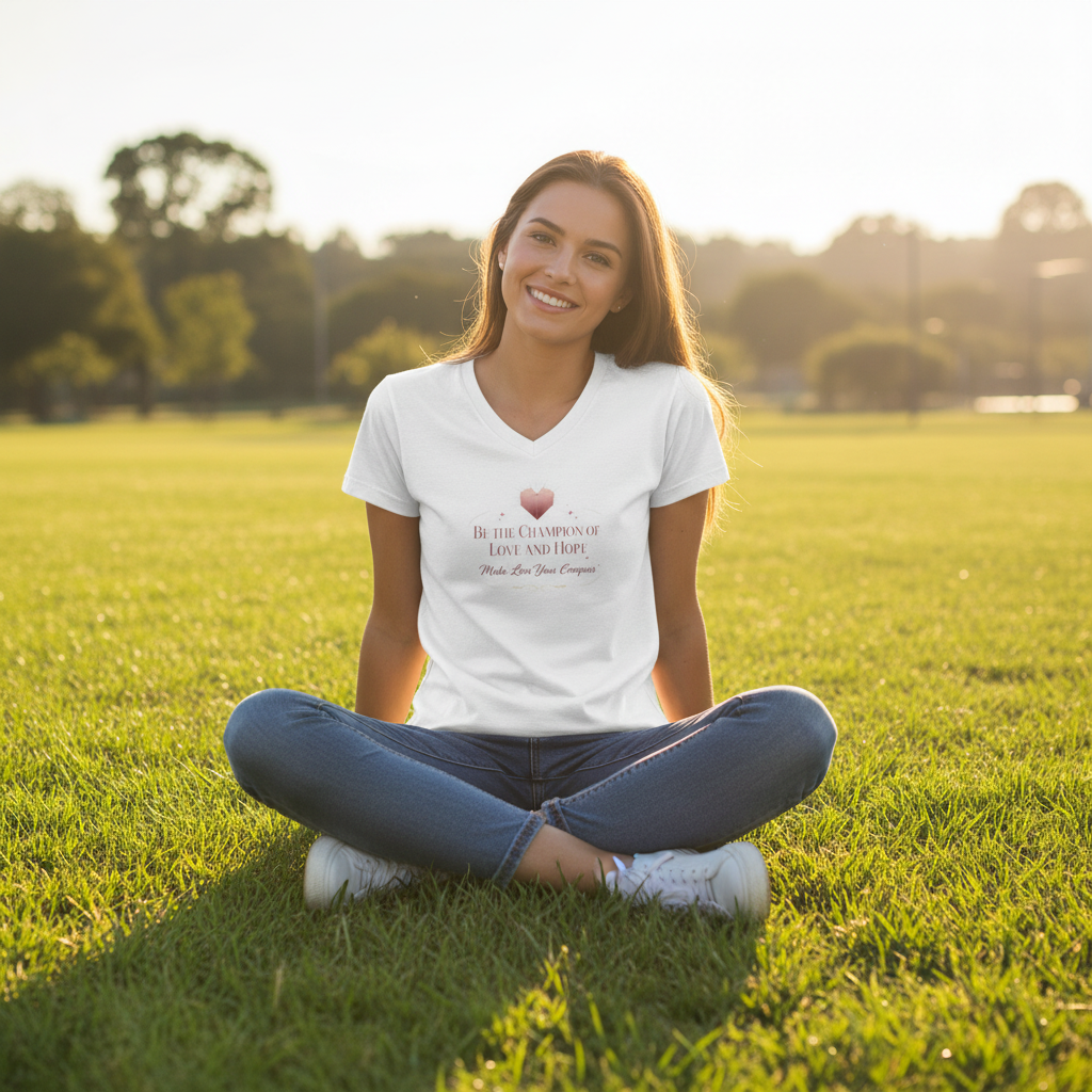 Woman sitting on grass wearing a white t-shirt with text and a red heart design.