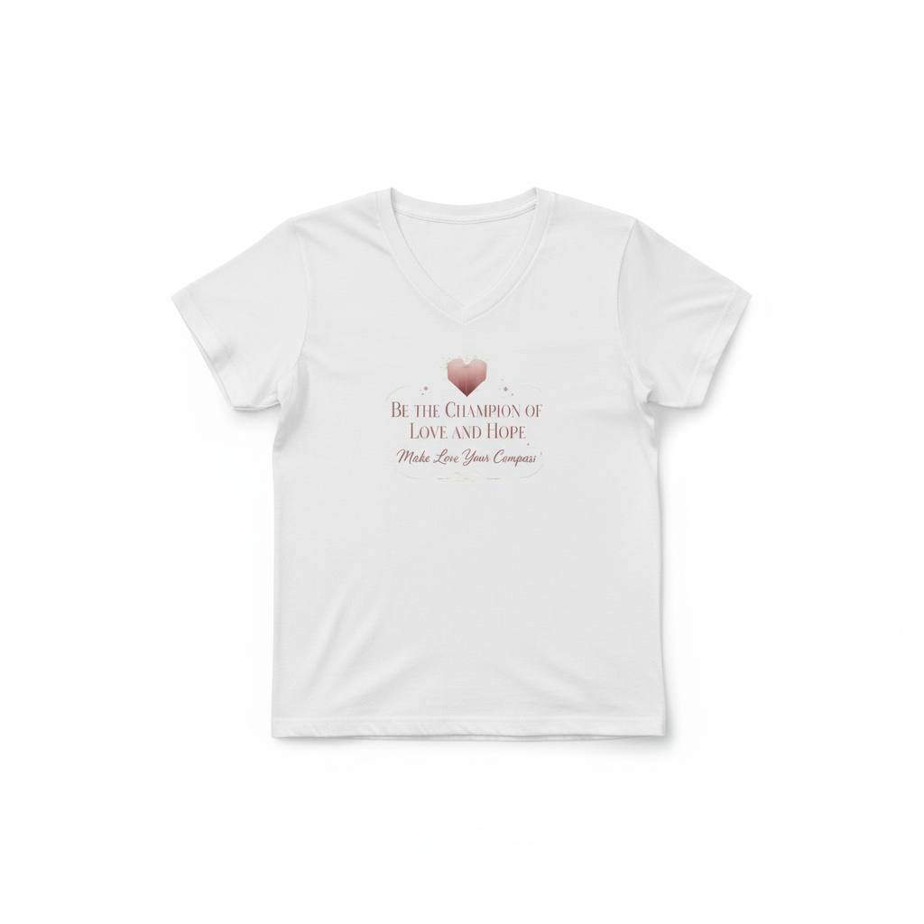 Woman sitting on grass wearing a white t-shirt with text and a red heart design.