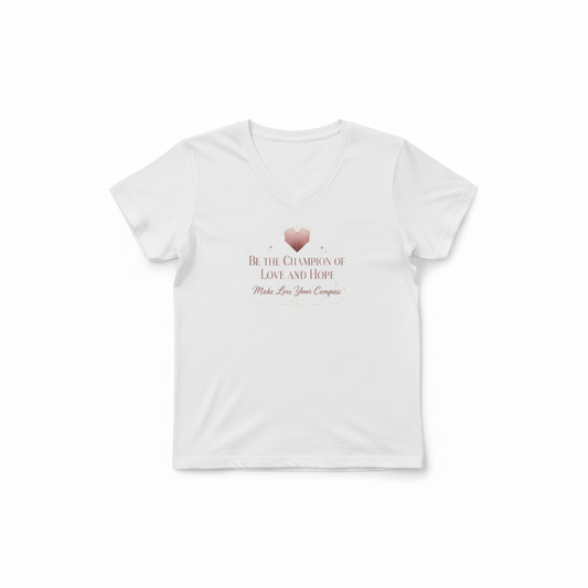 Woman sitting on grass wearing a white t-shirt with text and a red heart design.