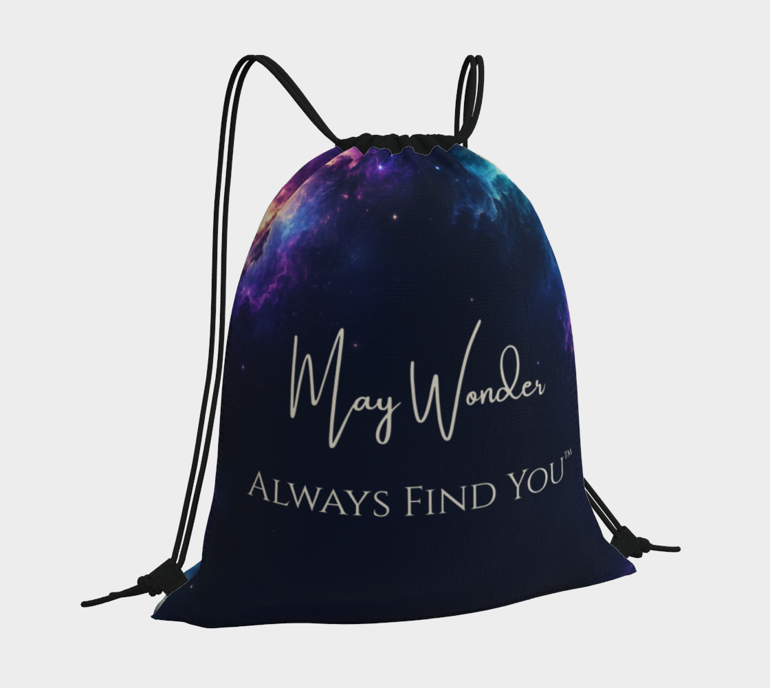 A drawstring backpack with a galaxy print in purple, blue, and black, featuring the white text 'May Wonder' and 'ALWAYS FIND YOU' on the front, set against a light gray background.