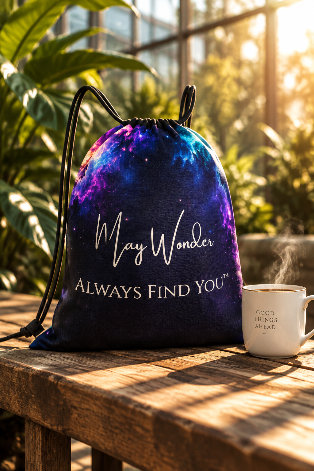 May Wonder Always Find You - Cosmic Nebula Premium Drawstring Backpack