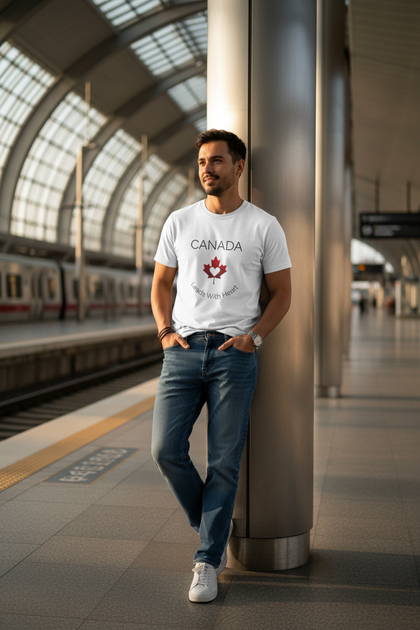 Man wearing a white t-shirt with 'Canada' and a maple leaf design, standing in a train station.