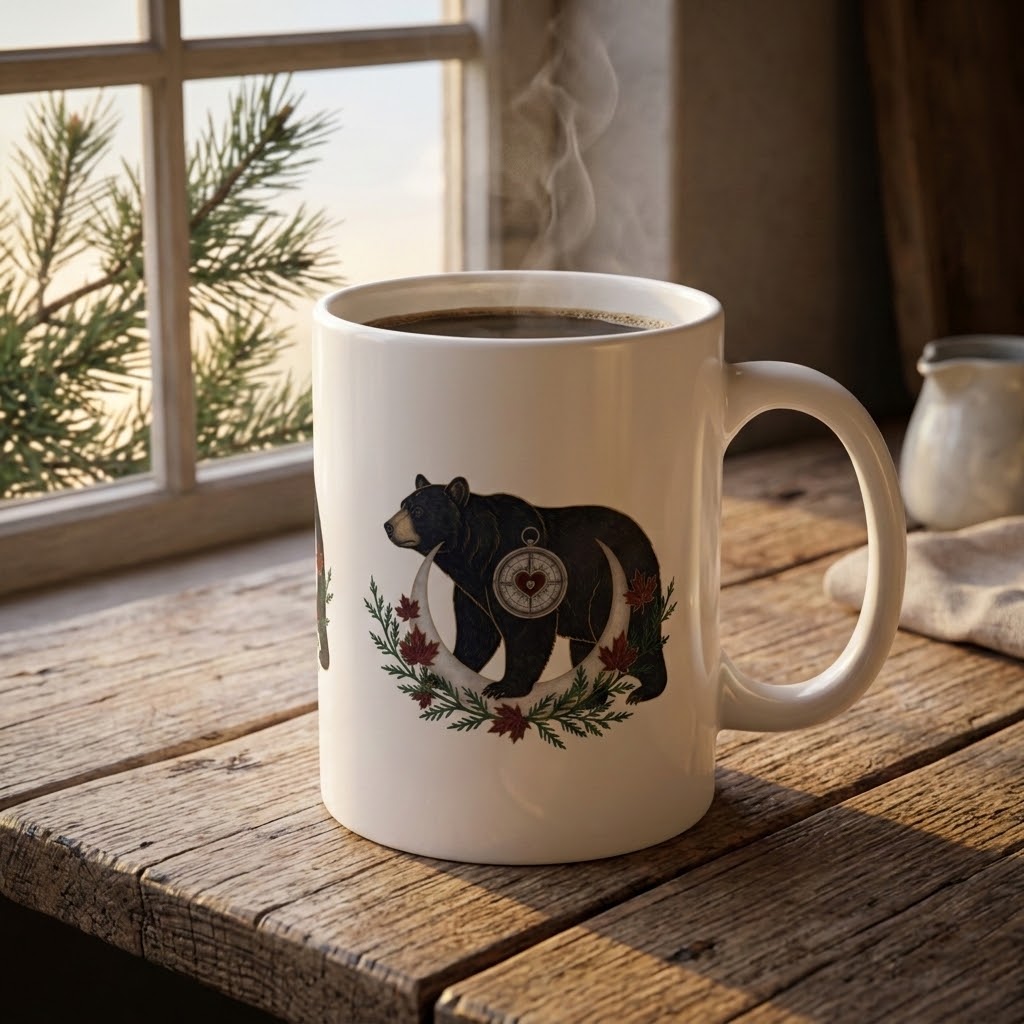 A white ceramic mug featuring a printed illustration of a black bear carrying a compass over its shoulder, surrounded by a crescent moon and small red flags in the branch. This view shows the right-handed side of the mug.