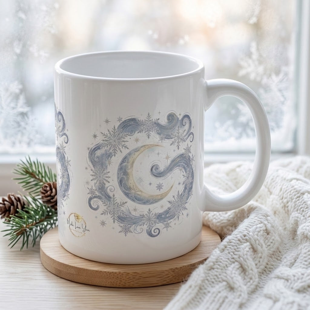 Make Love Your Compass Celestial Moon & Snowflake Ceramic Mug - 11oz Winter Night Artistic Coffee Cup