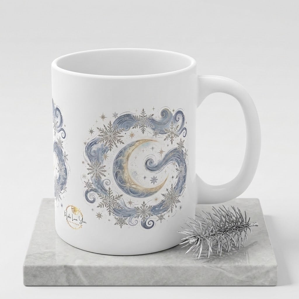 Make Love Your Compass Celestial Moon & Snowflake Ceramic Mug - 11oz Winter Night Artistic Coffee Cup