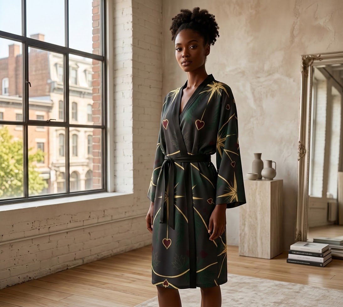 Female model wearing a knee-length Compass and Hearts silk peignoir with handcrafted art prin