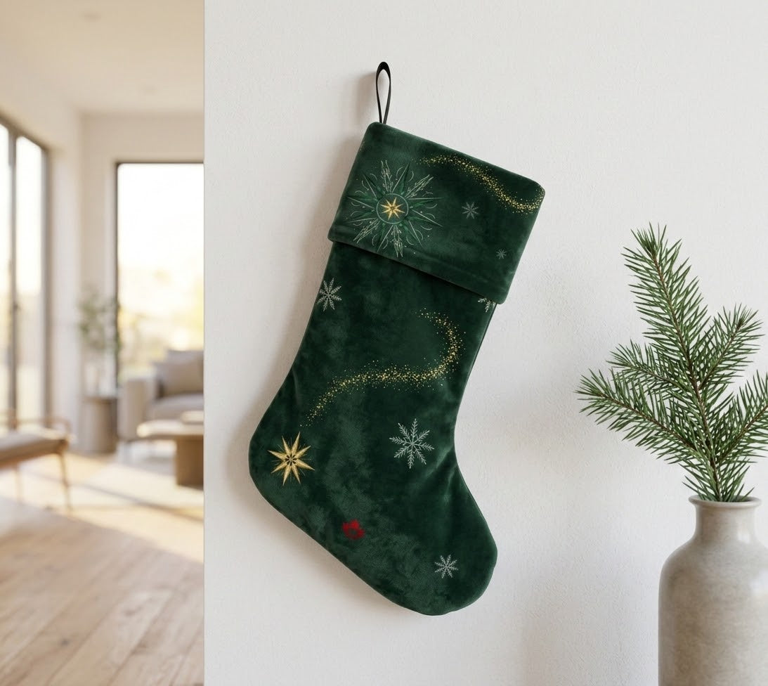 Make Love Your Compass Holiday Stocking - Snowflake & Stardust Dark Green - Plush Velveteen