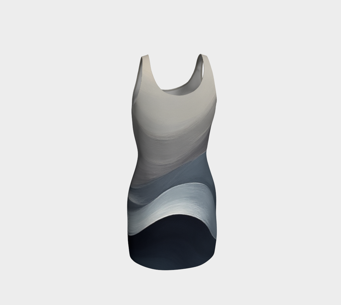 Grey Blue Wave Graphic Bodycon Dress featuring original abstract fine art fluid photography, custom hand-sewn in Canada.