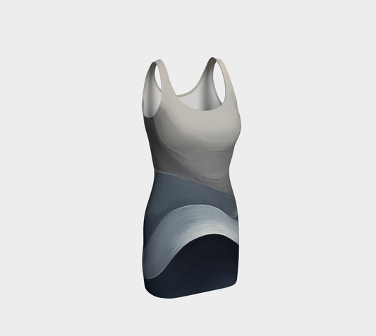 A sleeveless scoop-neck body con dress with a wavy abstract pattern in shades of grey, slate blue, and navy, shown on a light grey background.