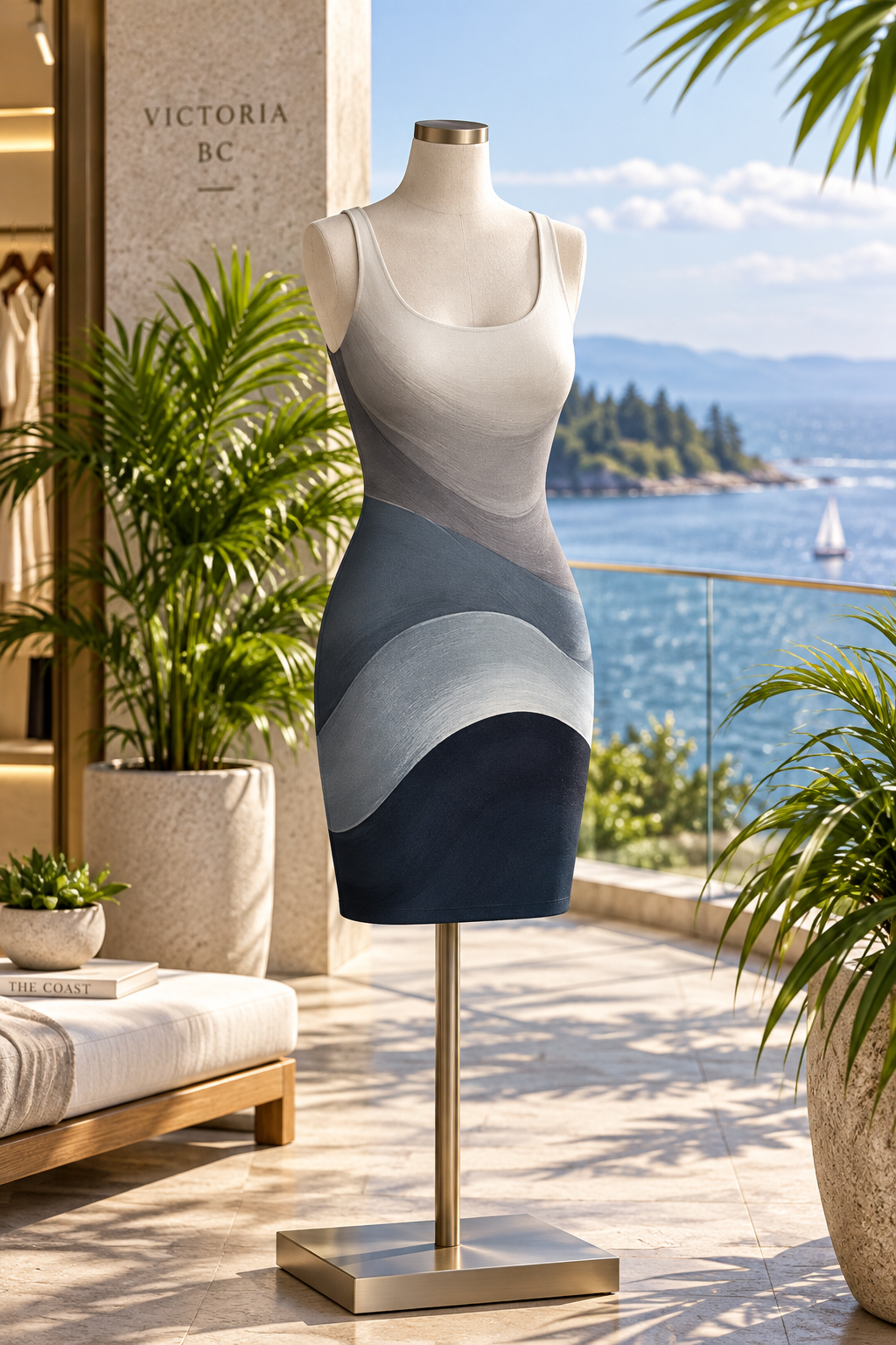 Grey Blue Wave Graphic Bodycon Dress