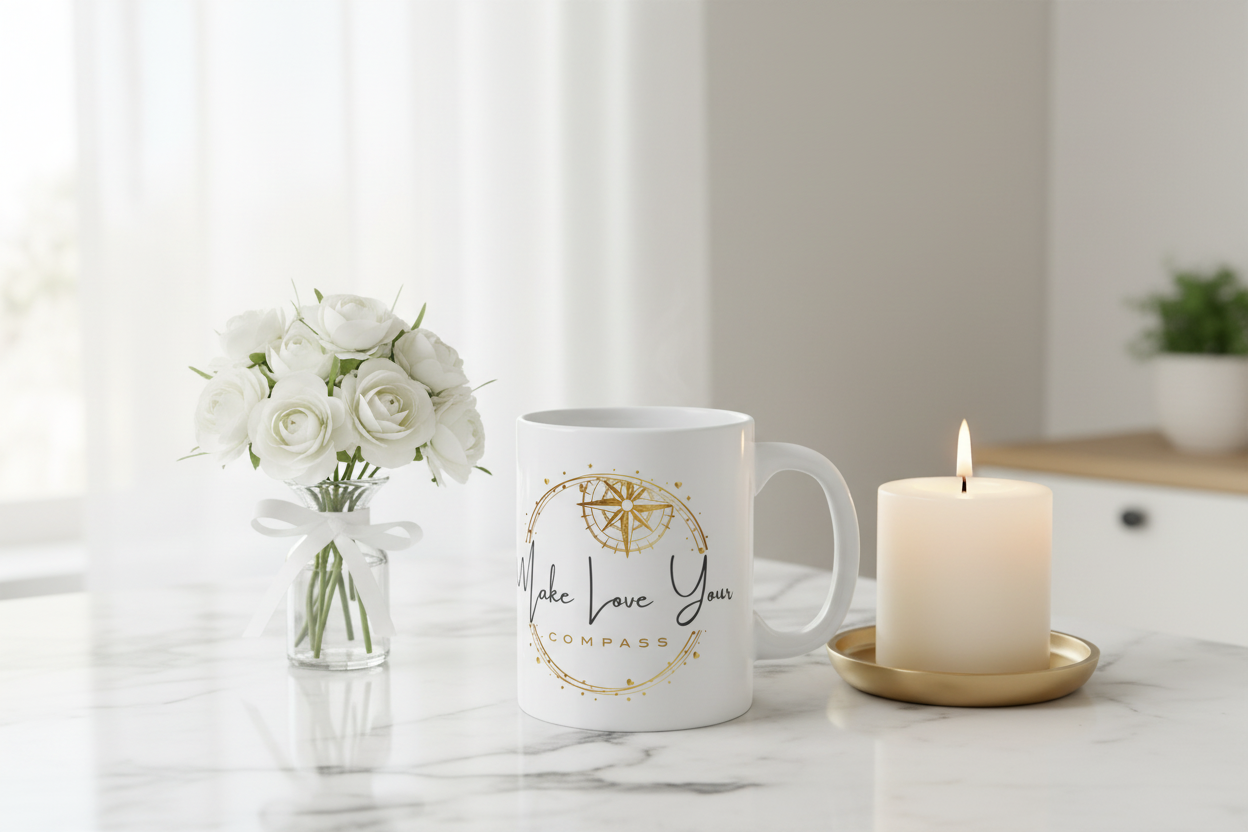 White Mug with Gold Compass-Wreath Design | Make Love Your Compass