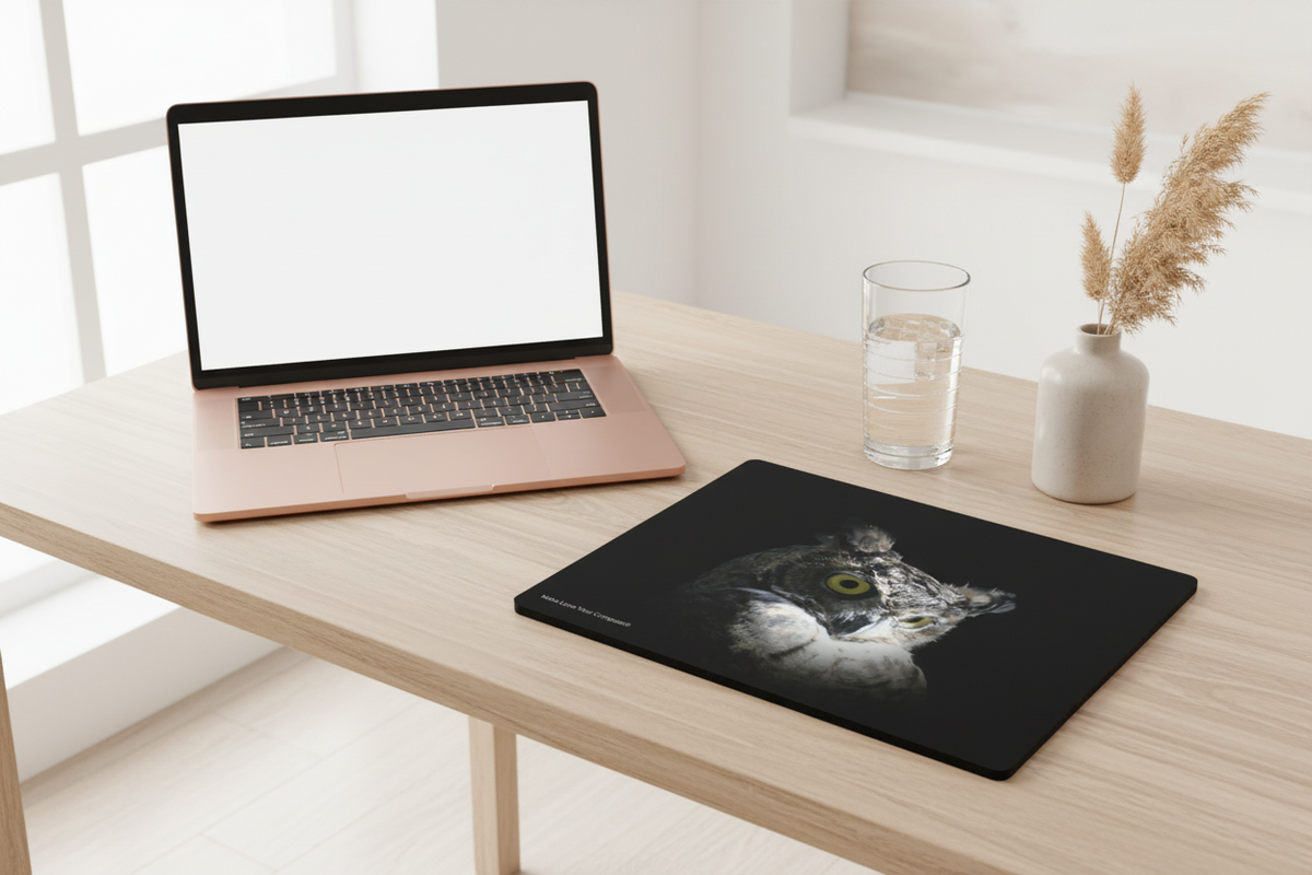 Make Love Your Compass | Great Horned Owl Mouse Pad | Desk Mat - Black Background