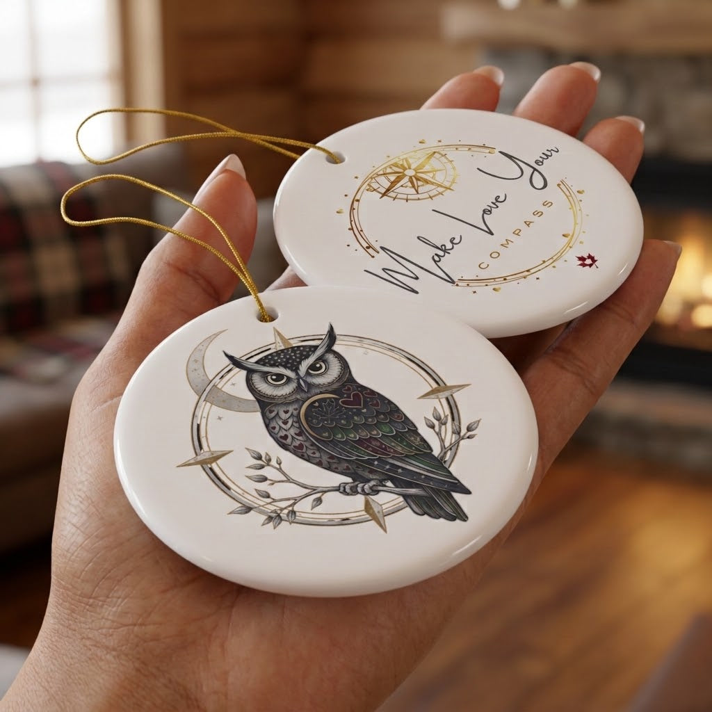 Make Love Your Compass Owl Ornament: A woman holding the ceramic ornament to show both sides in a cozy living room with a fireplace. One side features the owl and moon design, and the other shows the Make Love Your Compass registered trademark logo with a small maple heart motif.