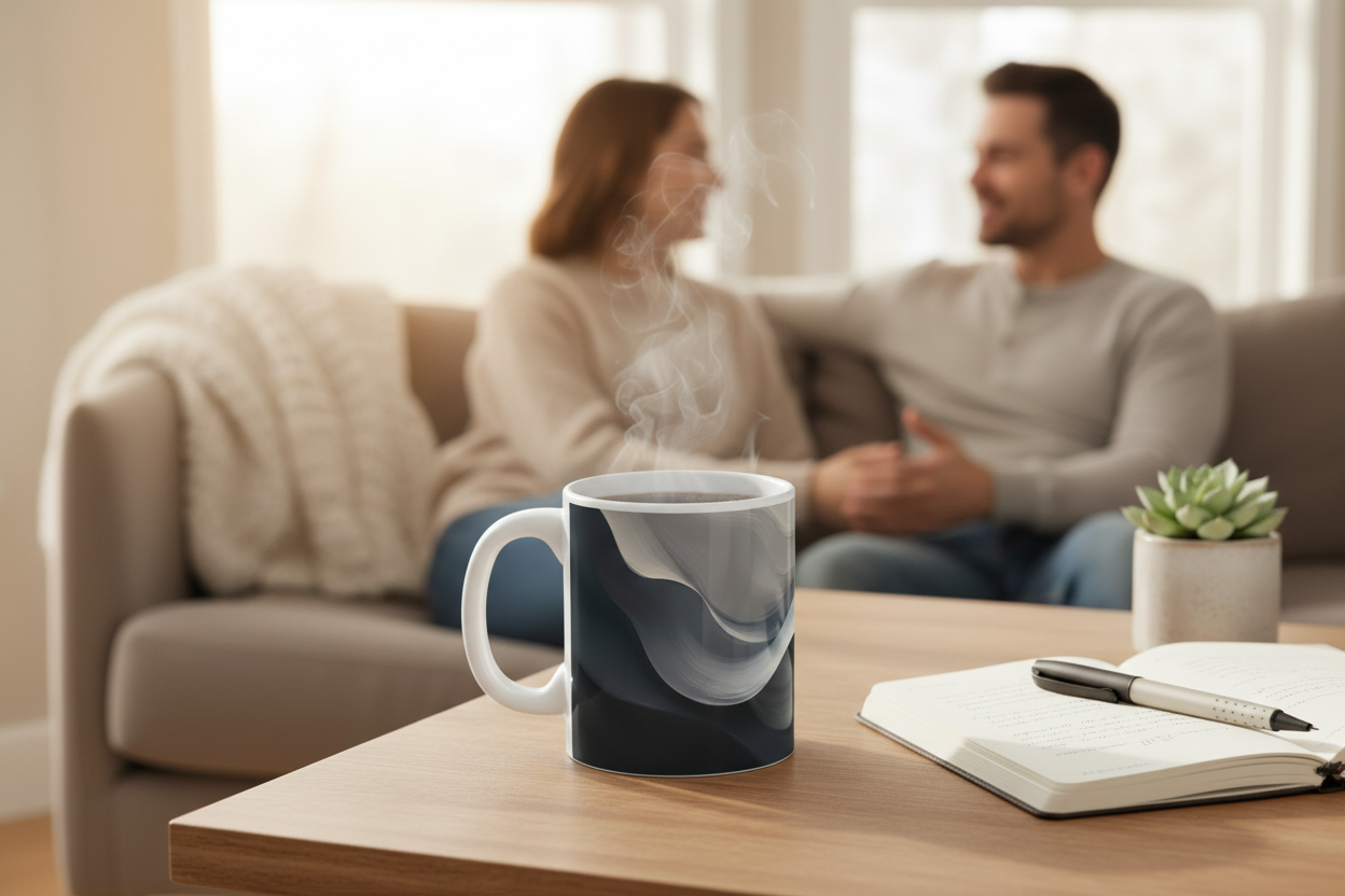 Marble-patterned mug on a table with a blurred background of two people sitting on a couch.
