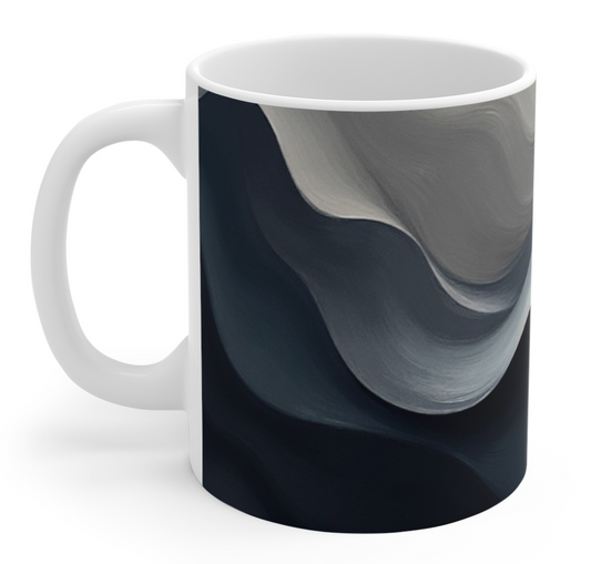 Mug with a black and gray abstract design on a white background