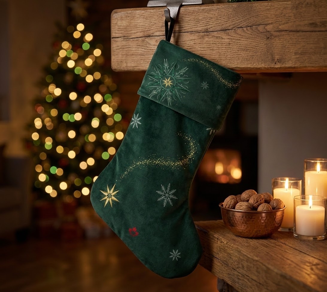 Make Love Your Compass Holiday Stocking - Snowflake & Stardust Dark Green - Plush Velveteen