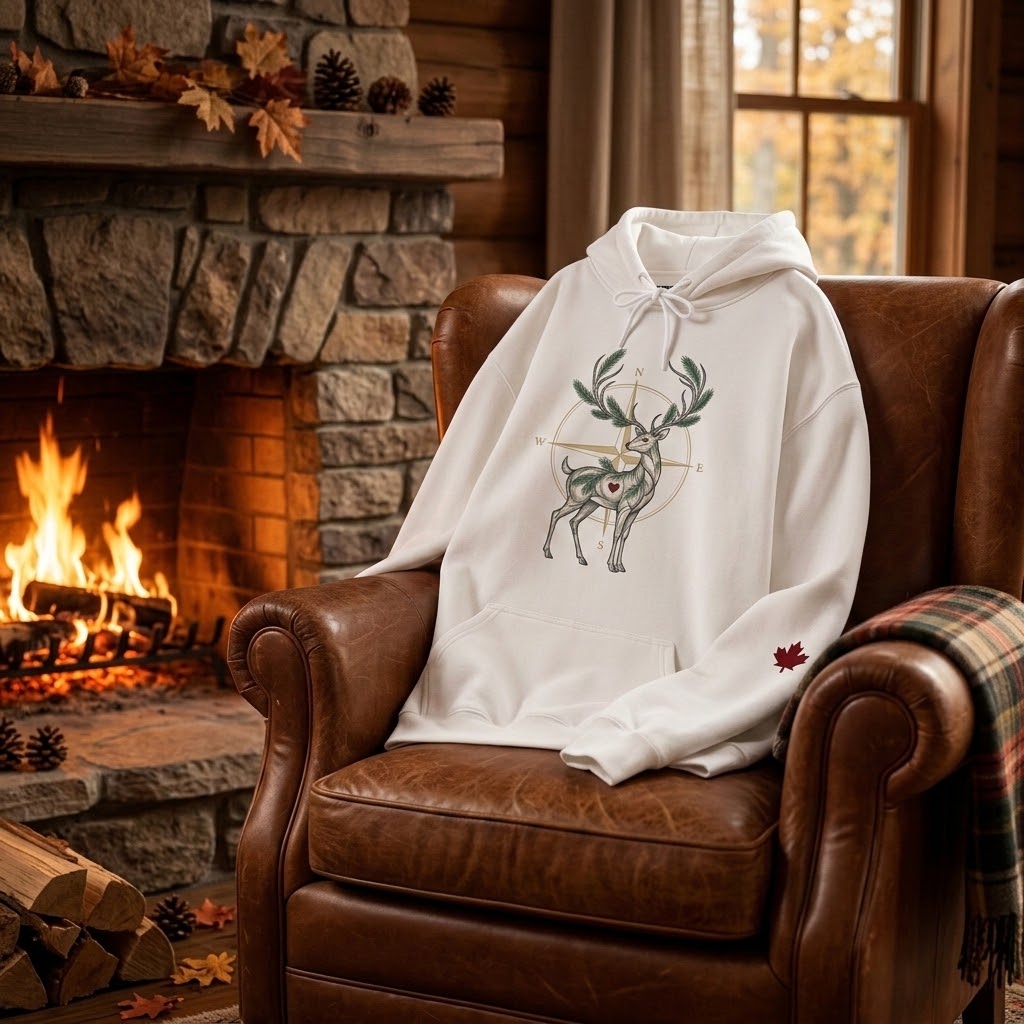 A white stag sweatshirt draped over a brown leather chair next to a cozy blanket, positioned in front of a glowing fireplace. The design features a maple heart detail on the left arm.