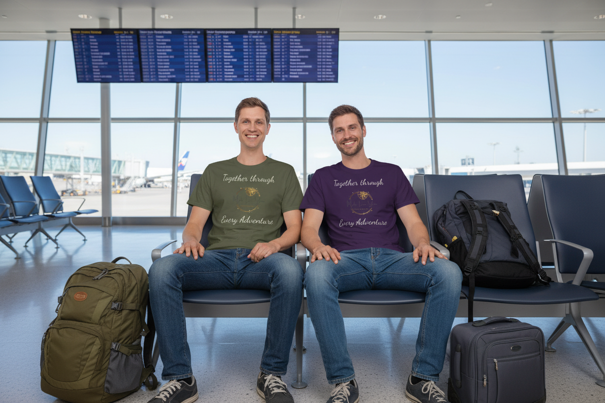 Two men sitting on airport lounge chairs wearing matching graphic t-shirts with the text 'Together through Carry Adventures'. One shirt is olive green and the other is purple.