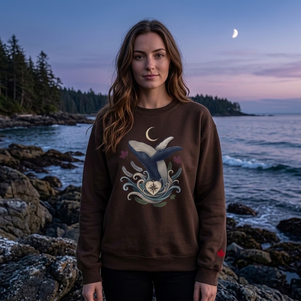 Make Love Your Compass Whale Moon Sweatshirt: A lifestyle photo showing the back view of the brown sweatshirt variant on a model facing a moonlit ocean, highlighting the wrap-around celestial artwork.
