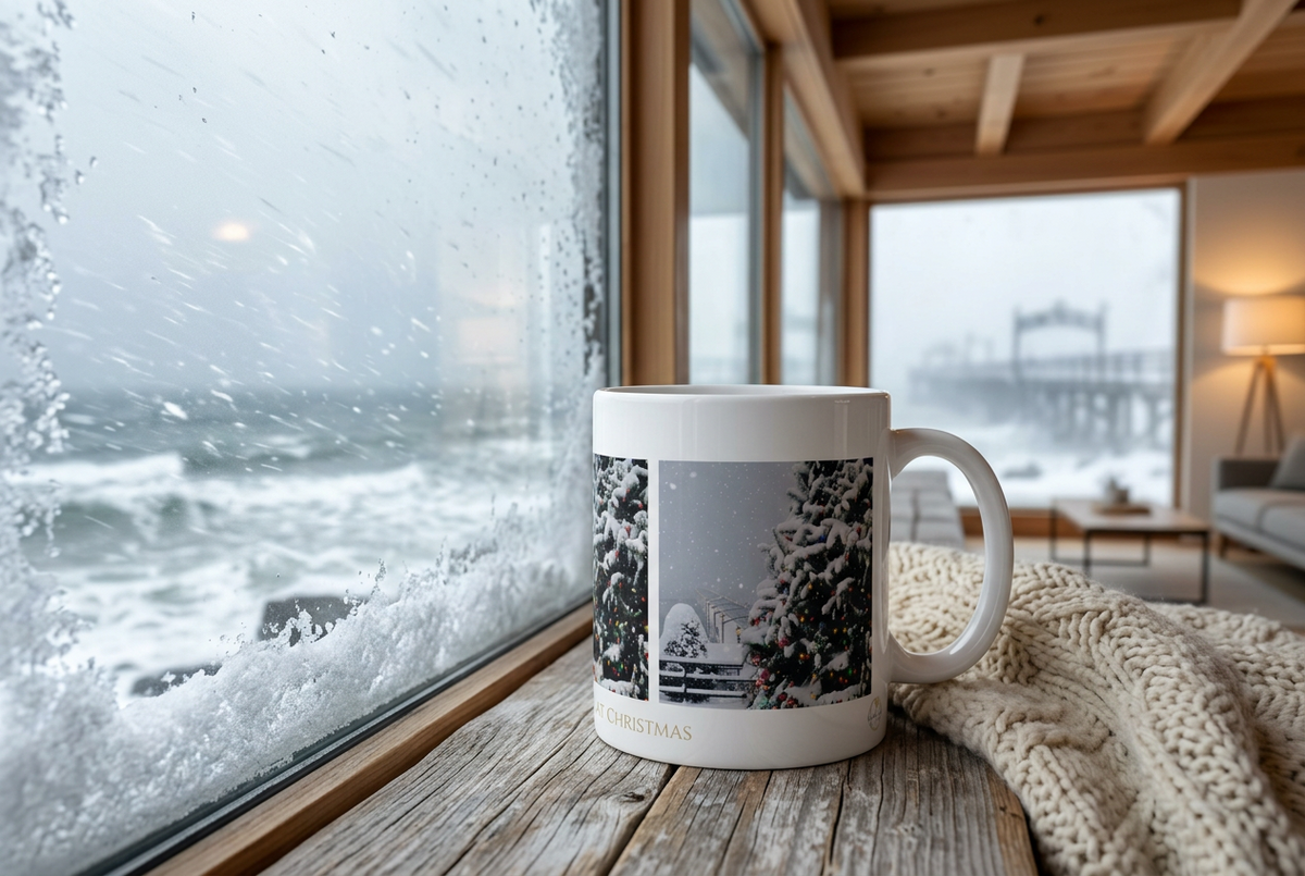 A white ceramic mug with a winter forest photo print sits on a rustic wooden windowsill, with a snowy ocean view outside and a cozy knitted blanket nearby.