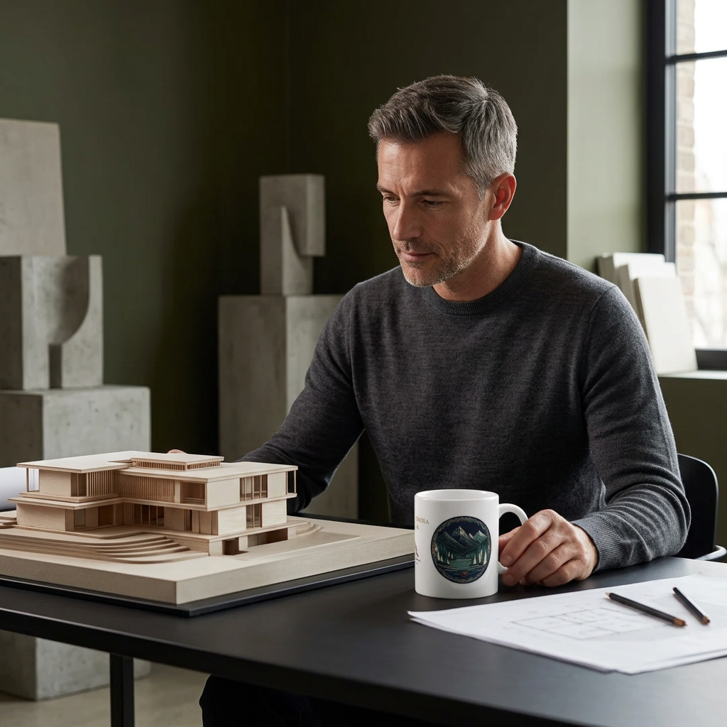 Architect with the mountain mug in a sophisticated creative studio
