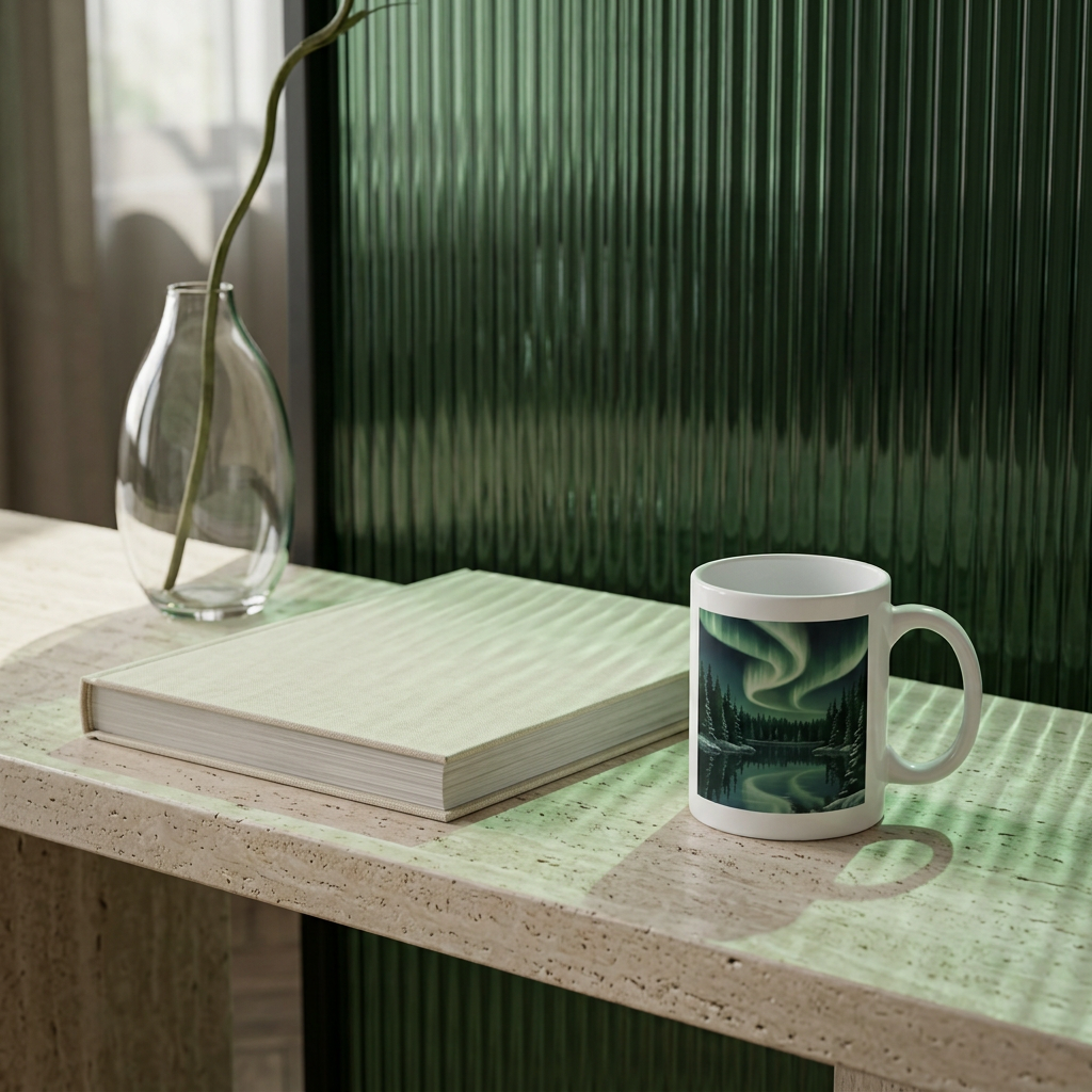 Aurora mug styled with travertine and sculptural emerald glass