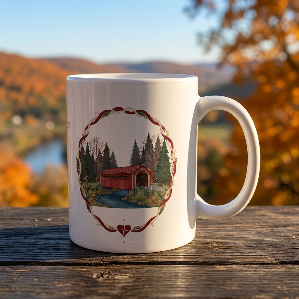 Autumn porch lifestyle photograph featuring your covered-bridge mug