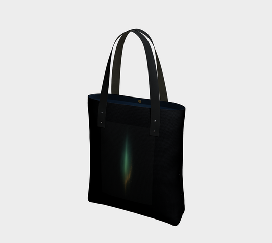 A black tote bag with dark handles and a central rectangular panel featuring a glowing vertical light effect, shown on a plain light gray background.