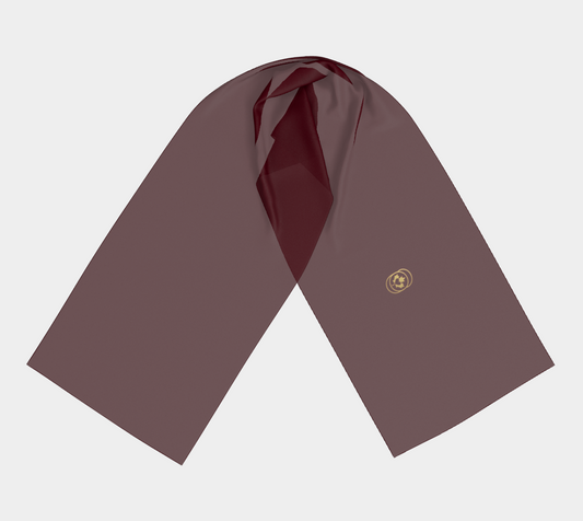 Burgundy scarf with a logo on a light gray background