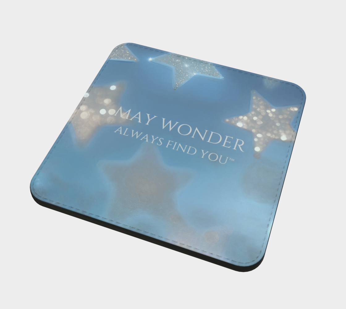 A square mouse pad with rounded corners, featuring a light blue background with soft star silhouettes, sparkling bokeh lights, and the text 'MAY WONDER ALWAYS FIND YOU' in white. The mouse pad is shown at an angle on a light gray background.