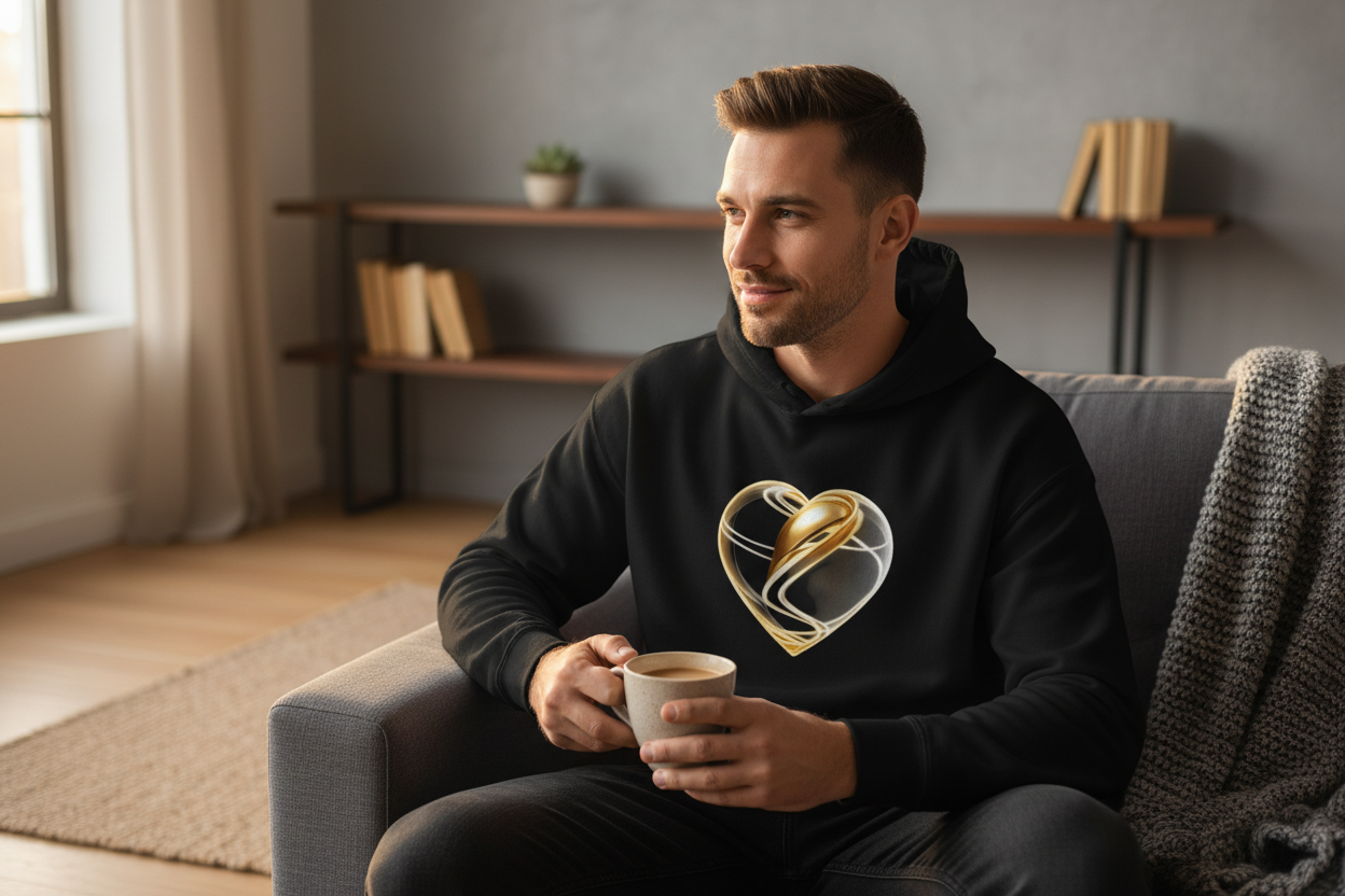 Black Luxe Heart Hoodie - Man Relaxing