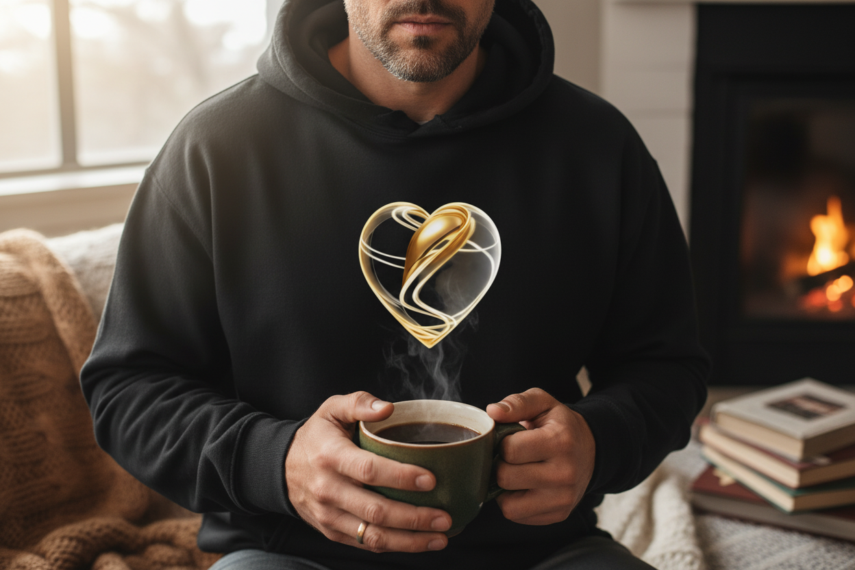 Black Luxe Heart Hoodie - Man's Hands with Mug