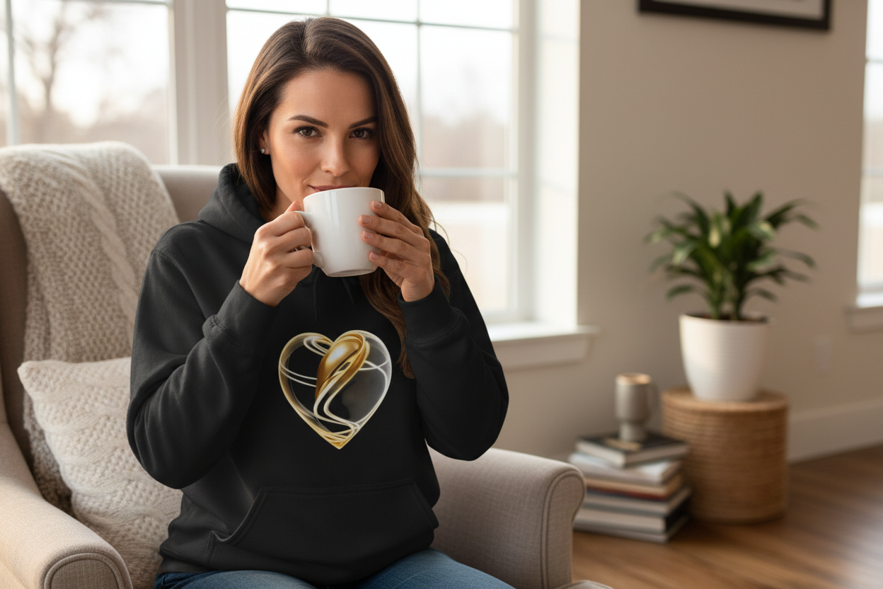 Black Luxe Heart Hoodie - Woman by Window