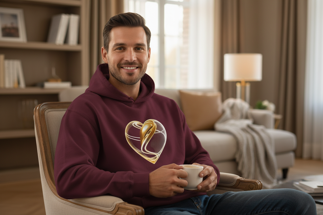 Burgundy Luxe Heart Hoodie - Man Relaxing