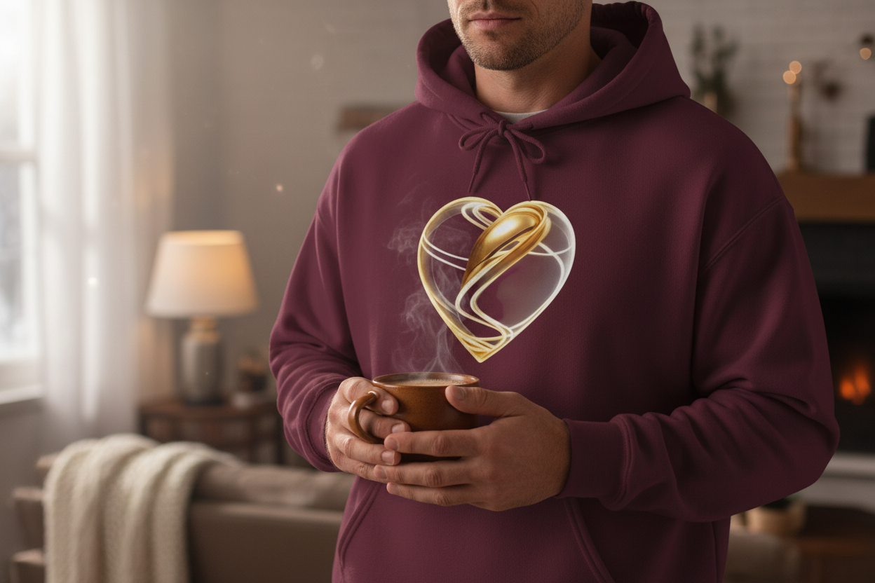 Burgundy Luxe Heart Hoodie - Man's Hands with Mug