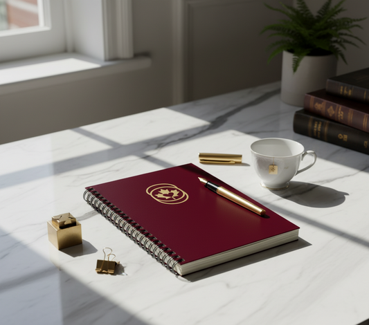 Maroon notebook with gold pen and cup on a light wooden table