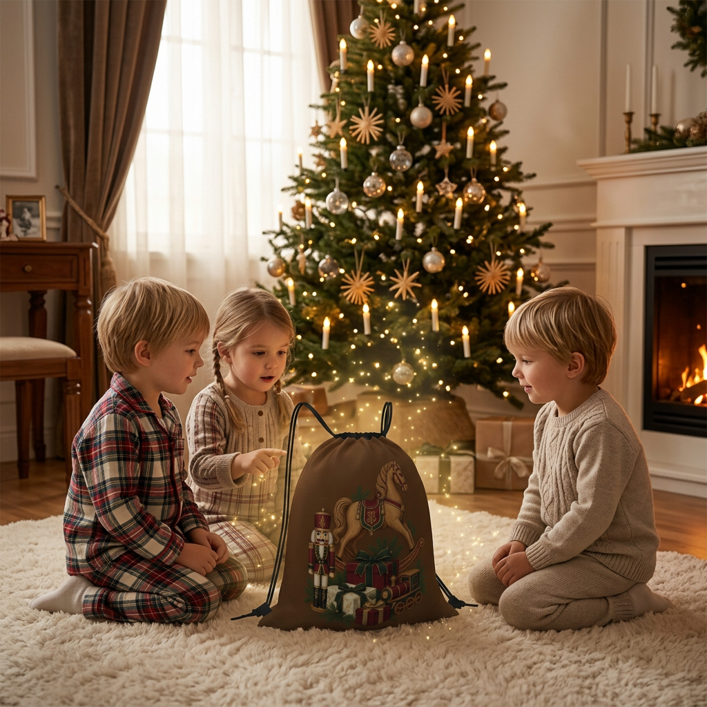 Children gathering around the Christmas backpack beneath a glowing tree with golden sparkles