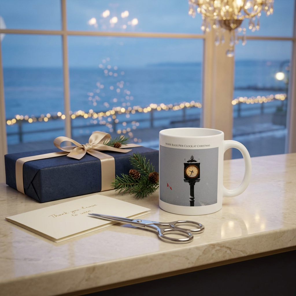 Clock mug beside an elegantly wrapped holiday gift