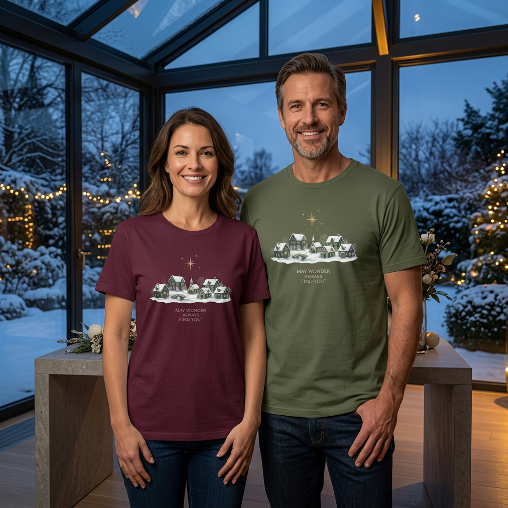 Couple wearing village tees in a winter conservatory
