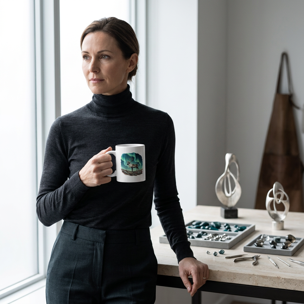 Designer enjoying the mug in a refined jewellery atelier