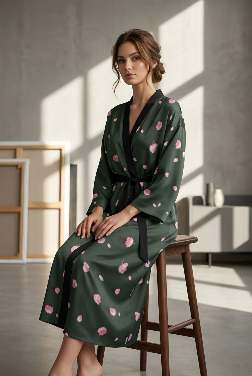 Botanical Bloom Deep Forest Green Peignoir