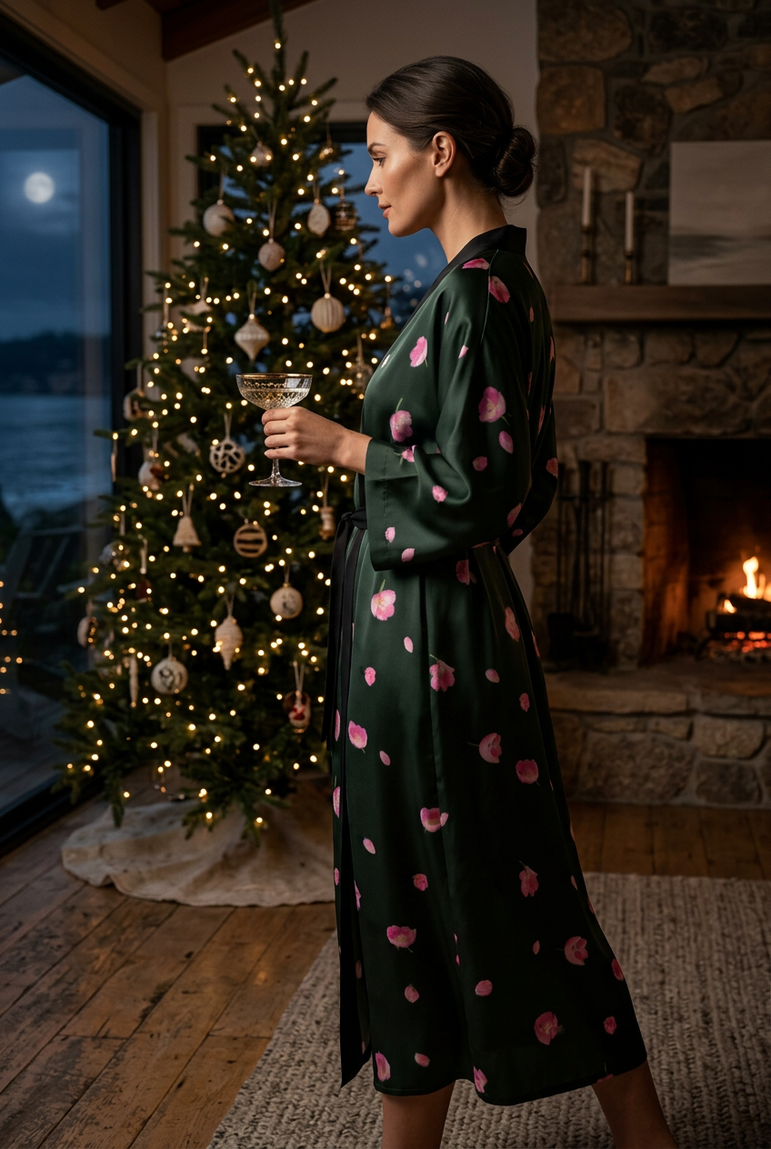 Botanical Bloom Deep Forest Green Peignoir