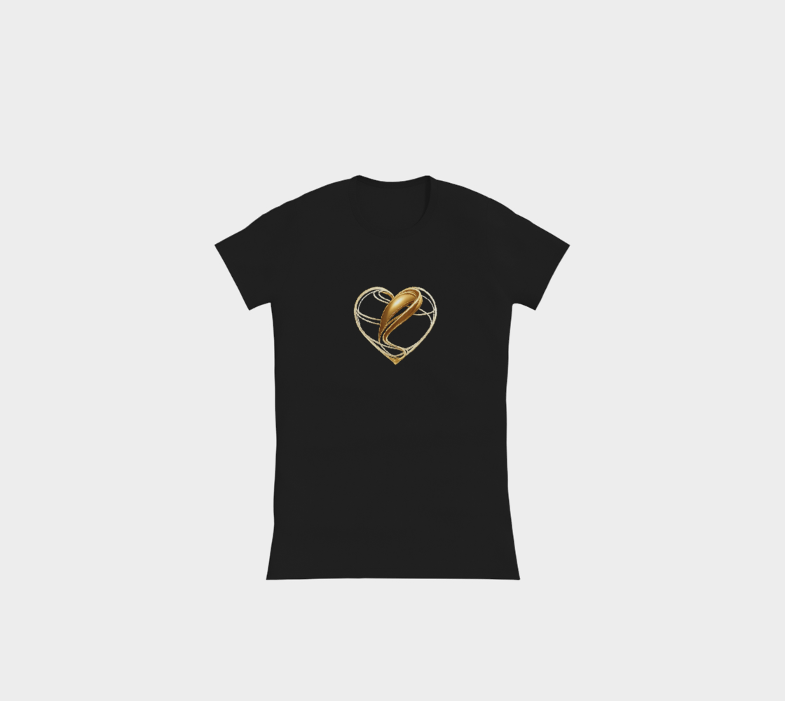 Black t-shirt with a gold heart design on a white background