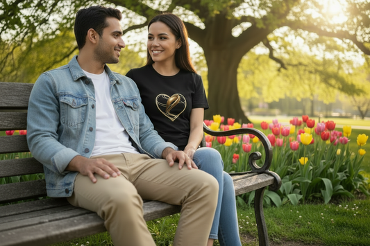 Couple sitting on a bench in a park with tulips and trees in the background