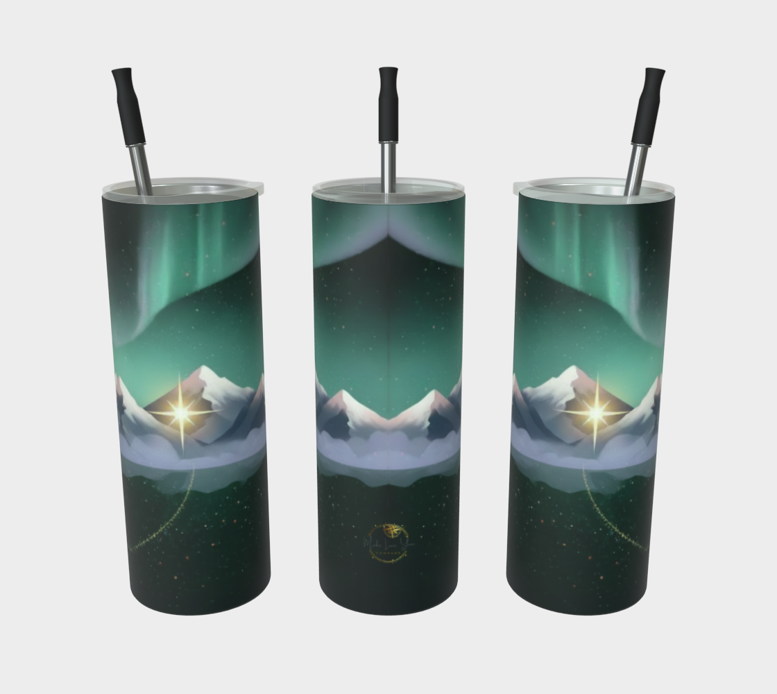Stardust Journey Stainless Steel Tumbler — Mountain Aurora & Starry Night Art